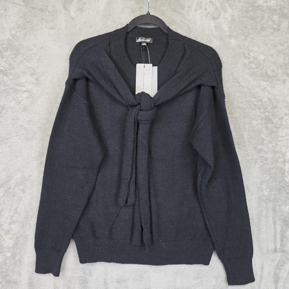 Line & Dot Sweater Womens Small Black Crew Neck Tie Front Scarf Pullover Knit